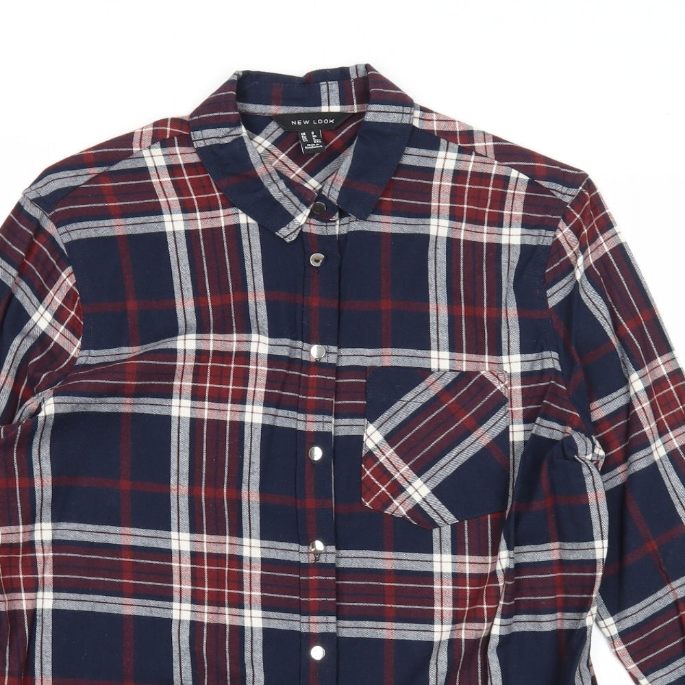 New Look Womens Blue Plaid Cotton Basic Button-Up Size 8 Collared