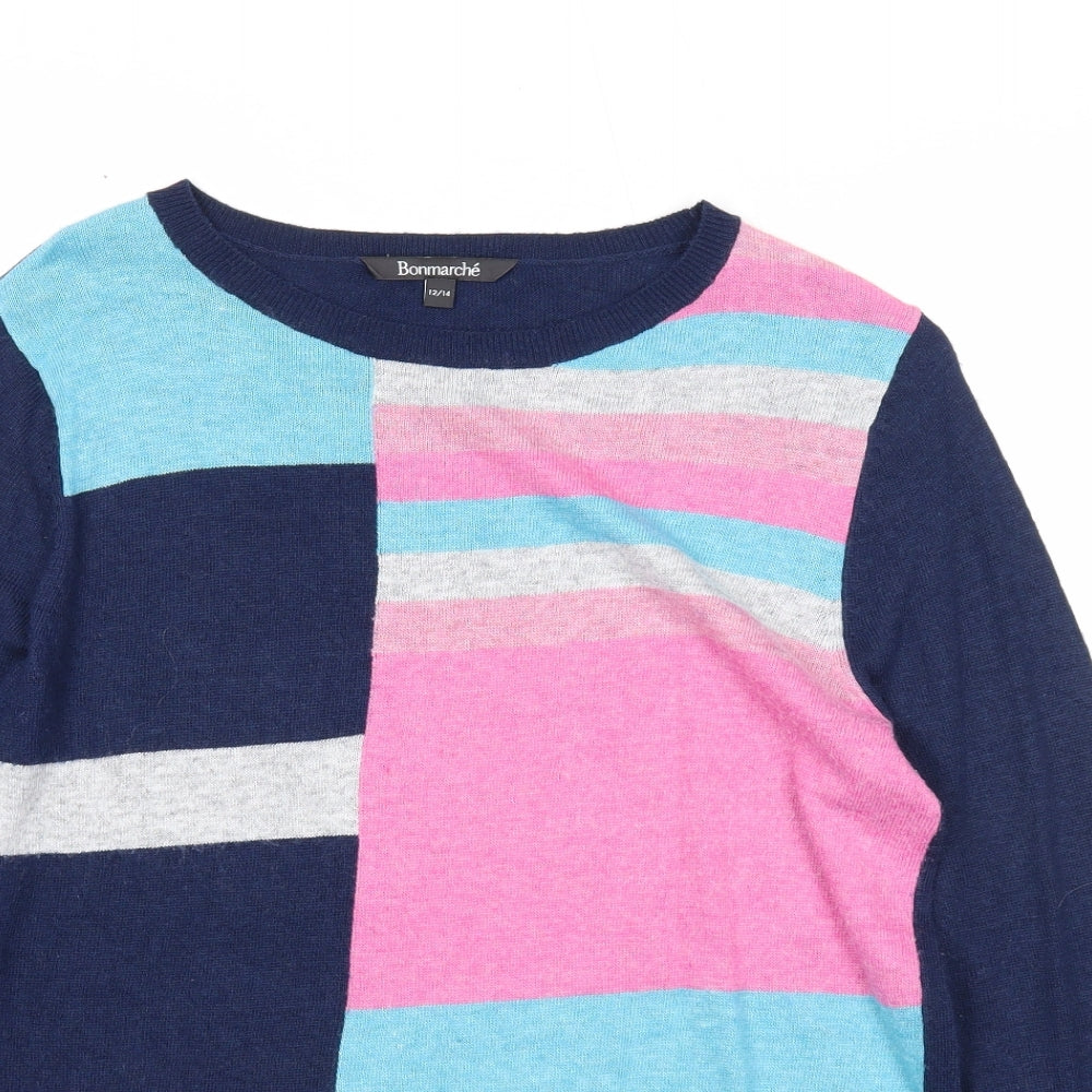 Bonmarché Womens Blue Round Neck Geometric Nylon Pullover Jumper Size M