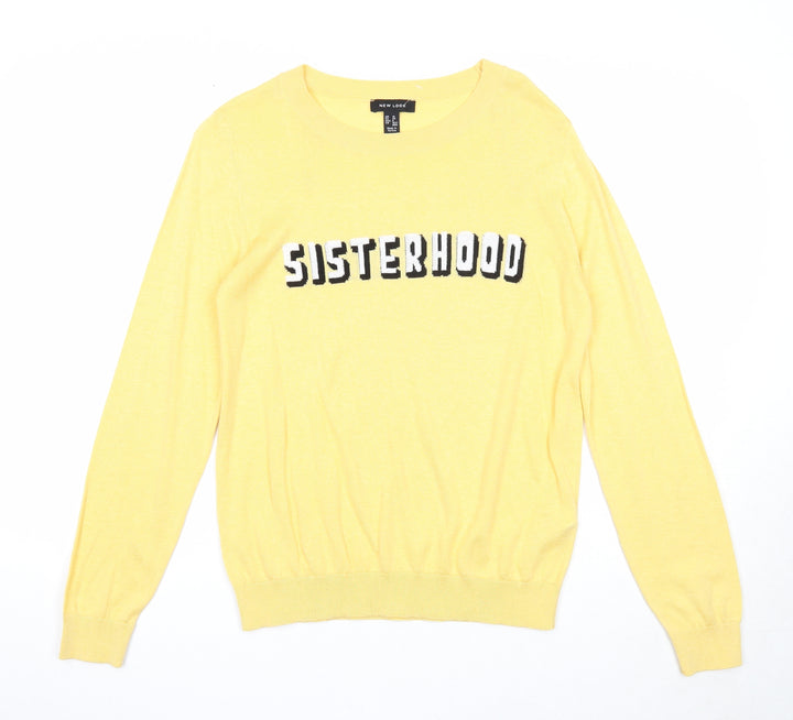 New Look Womens Yellow Round Neck Acrylic Pullover Jumper Size 10 - Sisterhood