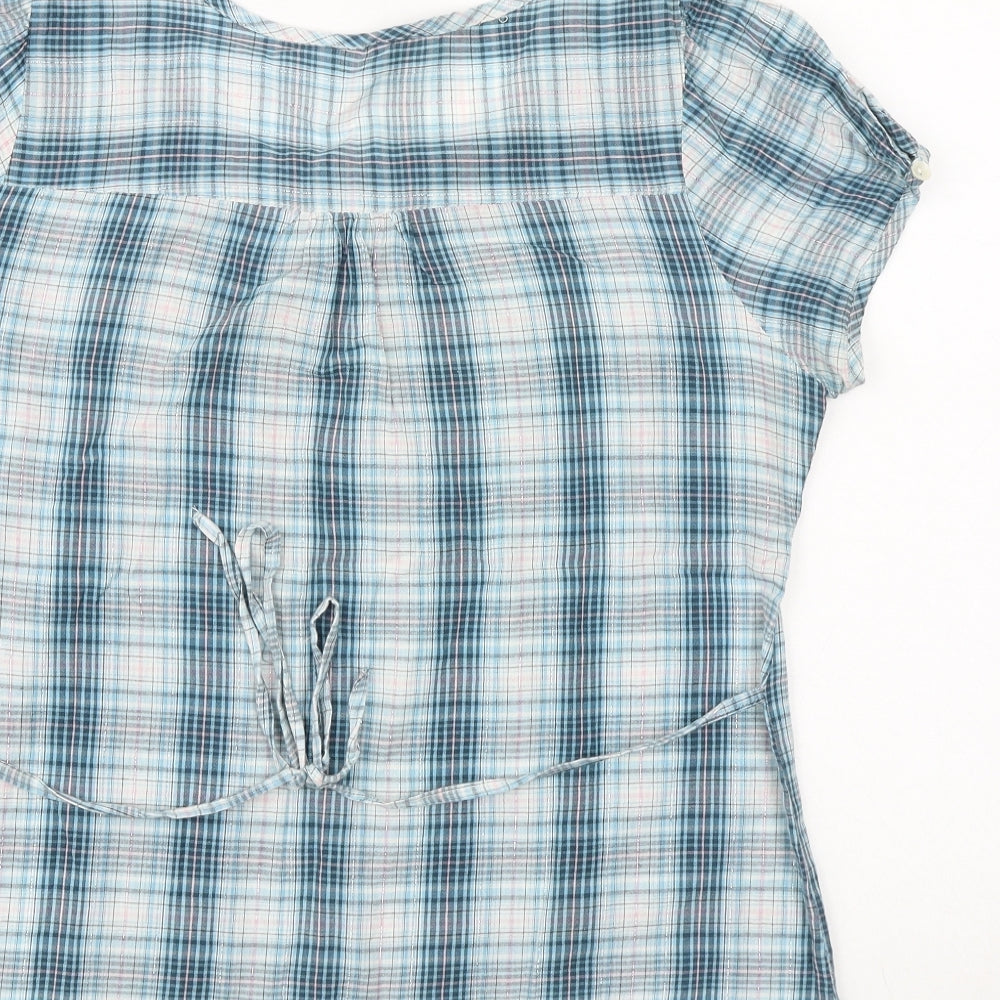 BHS Womens Blue Plaid 100% Cotton Basic Blouse Size 16 Round Neck