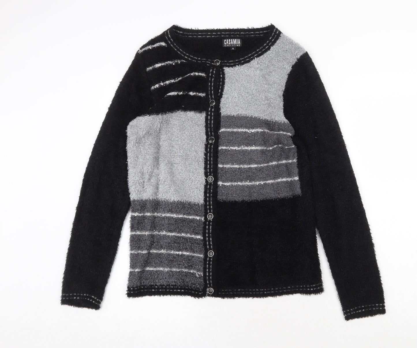 Casamia Womens Black Round Neck Geometric Nylon Cardigan Jumper Size S