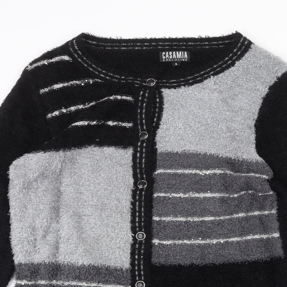 Casamia Womens Black Round Neck Geometric Nylon Cardigan Jumper Size S