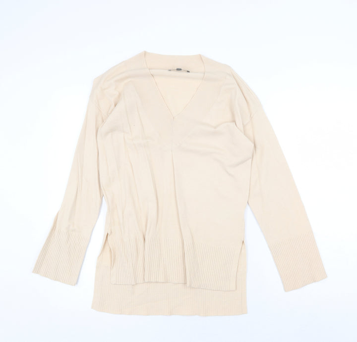 Oasis Womens Beige V-Neck Viscose Pullover Jumper Size XS