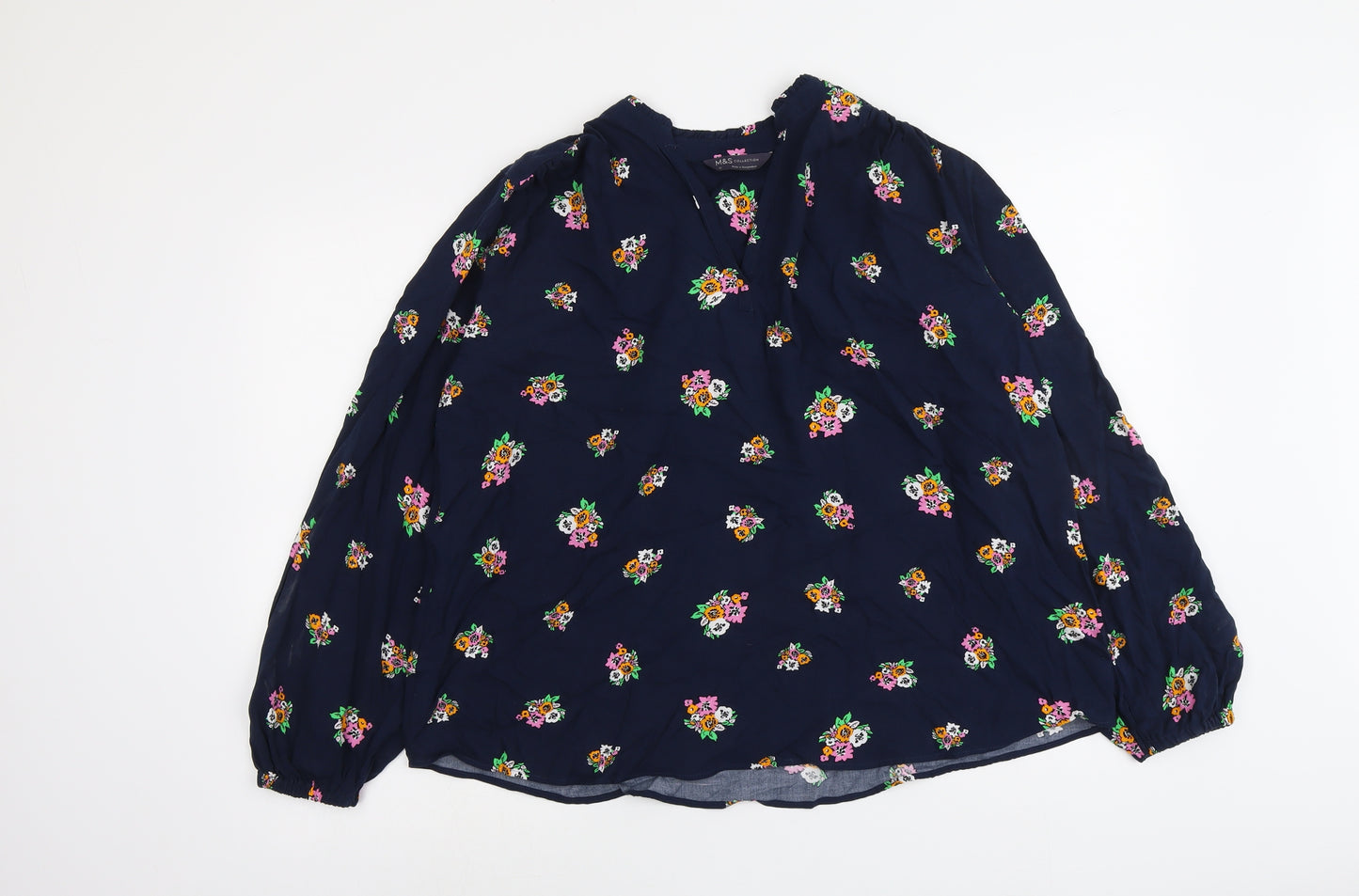 Marks and Spencer Womens Blue Floral Viscose Basic Blouse Size 12 V-Neck