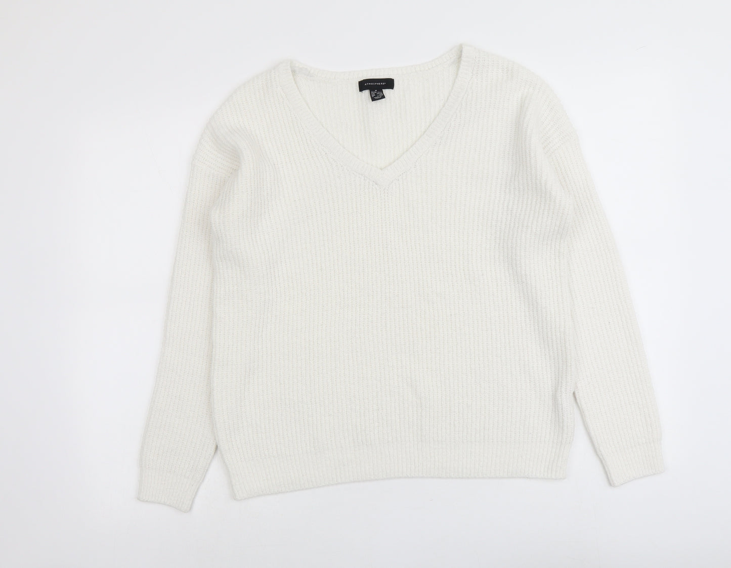 Atmosphere Womens White V-Neck Acrylic Pullover Jumper Size M