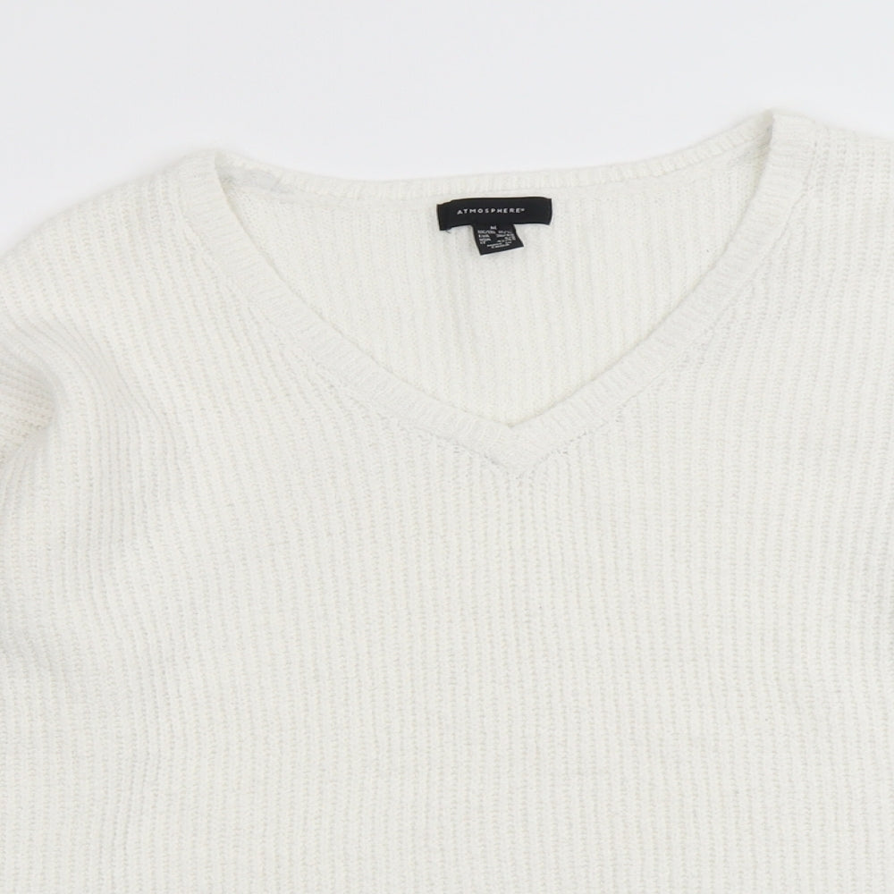 Atmosphere Womens White V-Neck Acrylic Pullover Jumper Size M