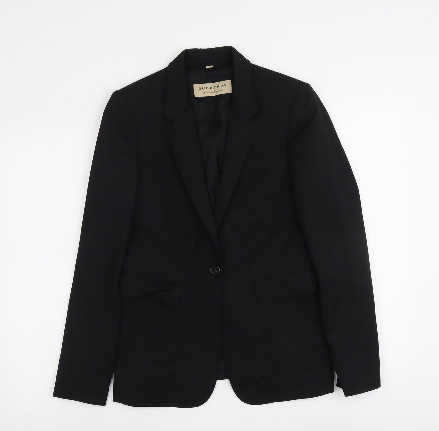Burberry Womens Black Wool Jacket Blazer Size 8 - Five-Button Jacket Sleeve