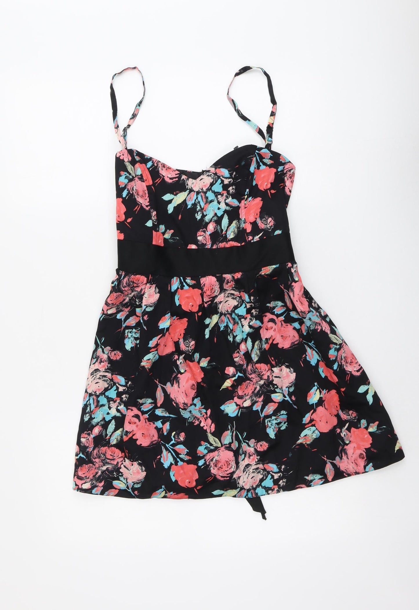 Jane Norman Womens Black Floral Cotton Tank Dress Size 10 Sweetheart Zip
