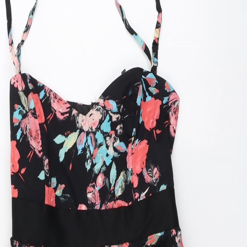 Jane Norman Womens Black Floral Cotton Tank Dress Size 10 Sweetheart Zip