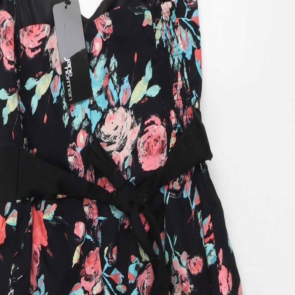 Jane Norman Womens Black Floral Cotton Tank Dress Size 10 Sweetheart Zip