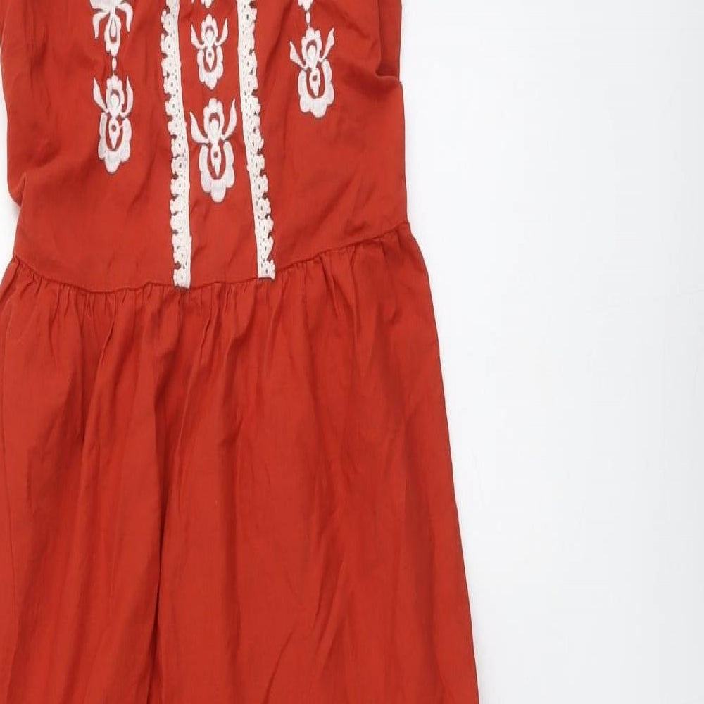 Marks and Spencer Womens Red Floral Cotton Trapeze & Swing Size 10 Square Neck Pullover