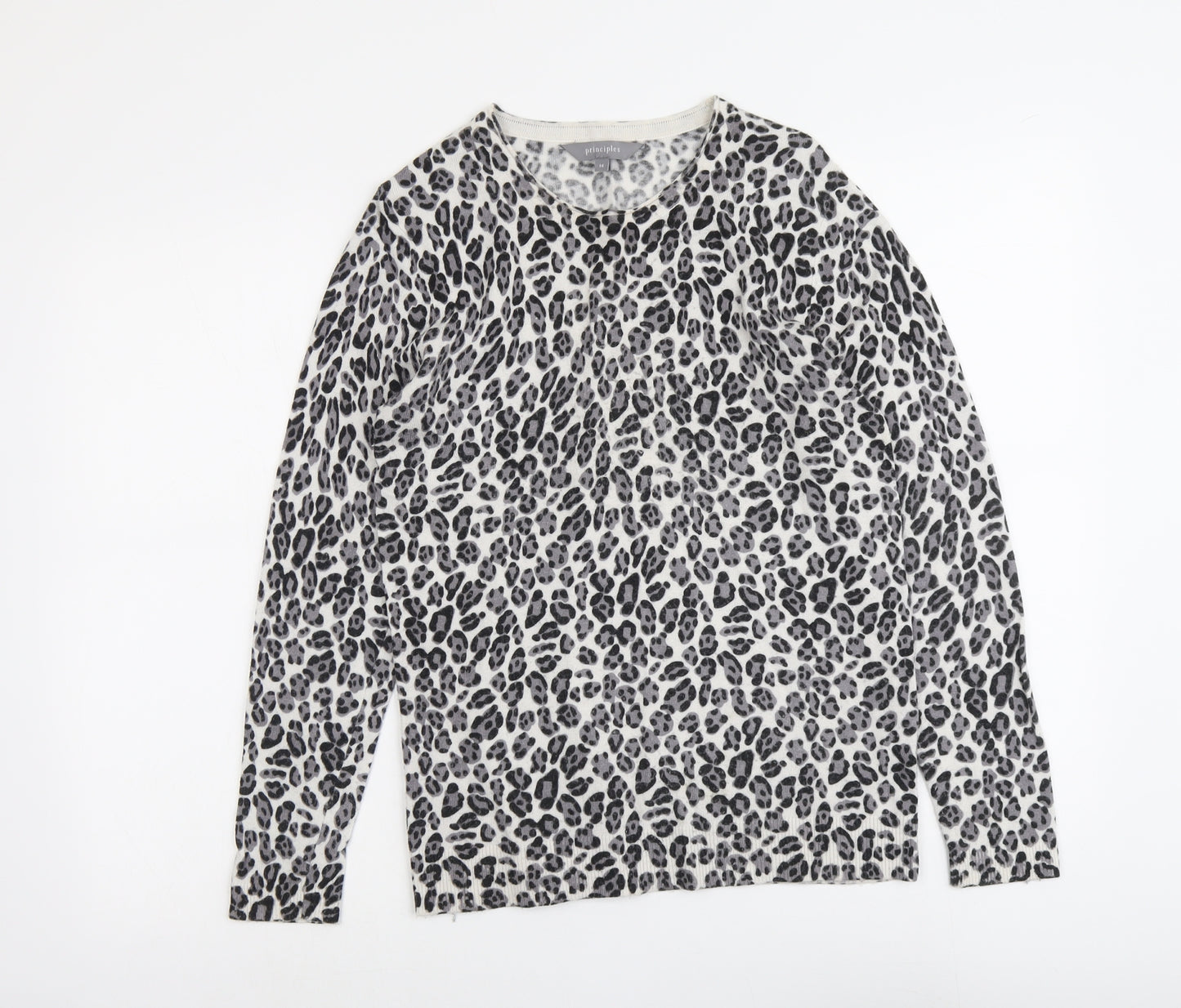 Principles Womens Grey Round Neck Animal Print Nylon Pullover Jumper Size 14 - Leopard Pattern