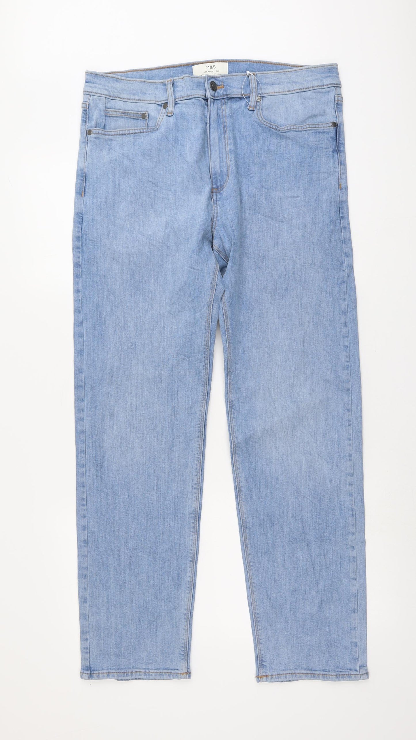 Marks and Spencer Mens Blue Cotton Straight Jeans Size 34 in L33 in Regular Button