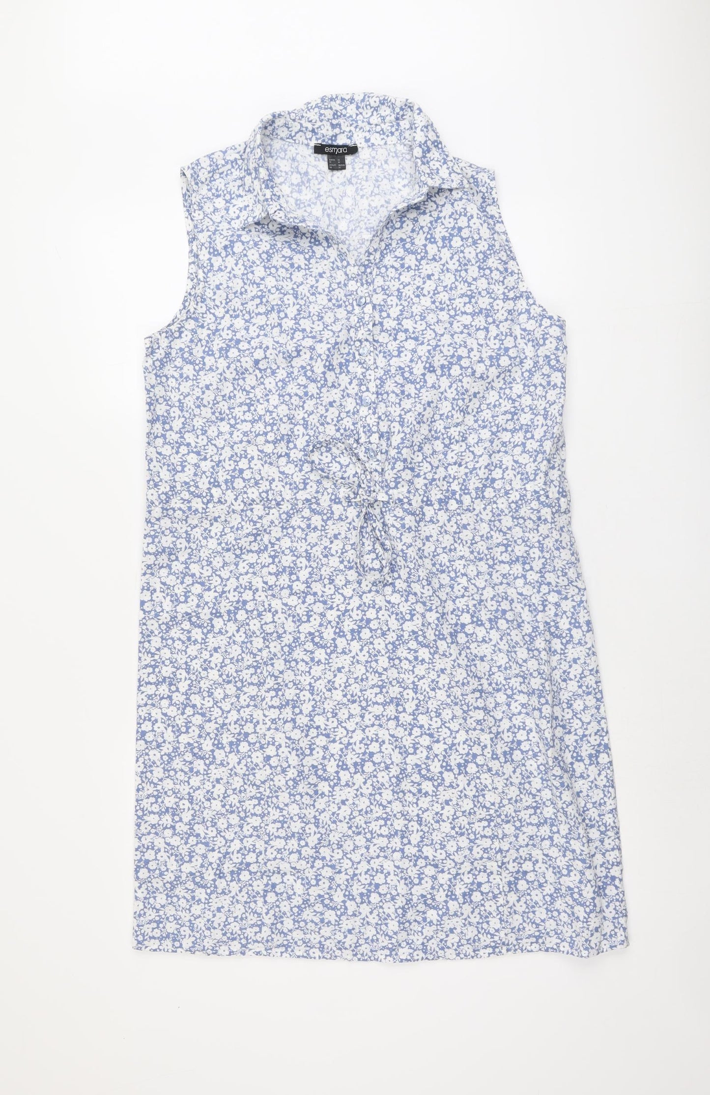 ESMARA Womens Blue Floral Linen A-Line Size 14 Collared Button