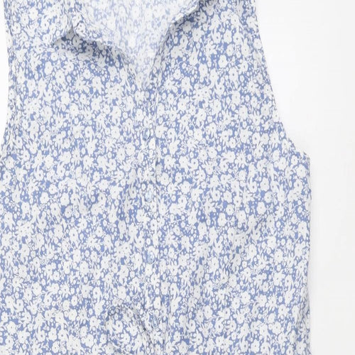 ESMARA Womens Blue Floral Linen A-Line Size 14 Collared Button