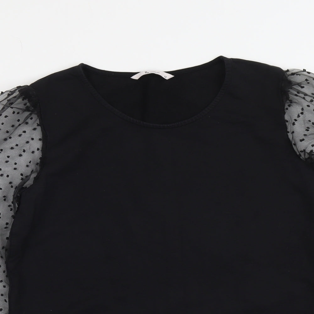 TU Womens Black Cotton Basic Blouse Size 12 Round Neck - Polka Dot Mesh Sleeve