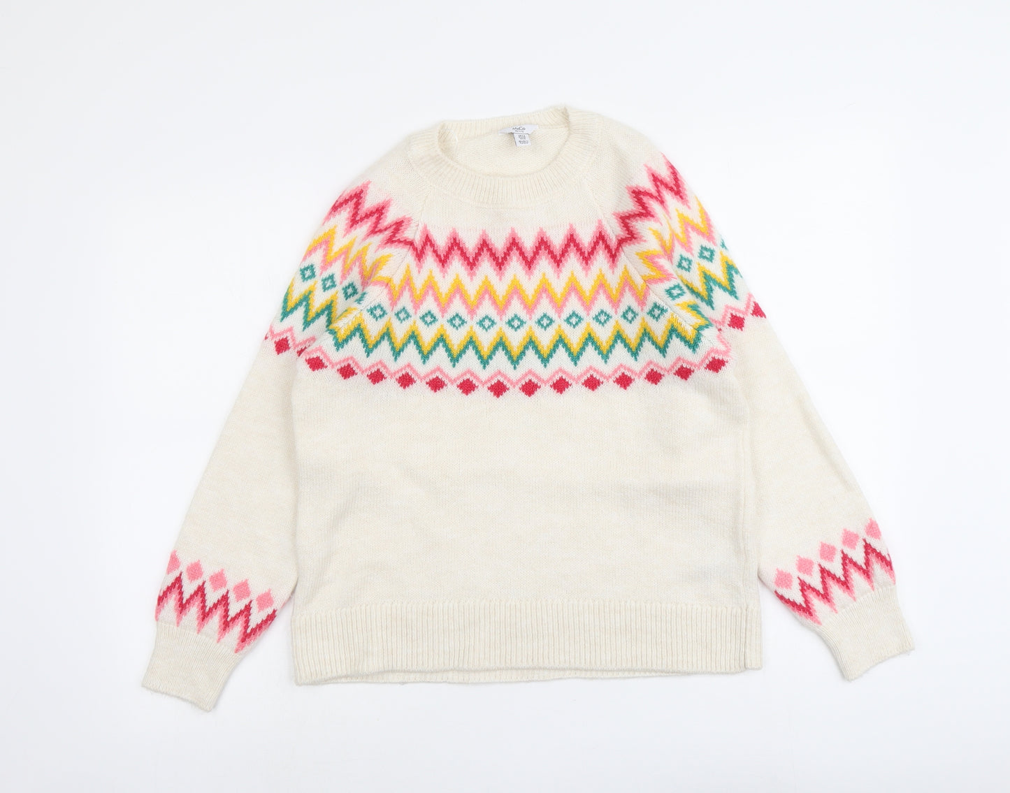 M&Co Womens Ivory Round Neck Geometric Acrylic Pullover Jumper Size 12