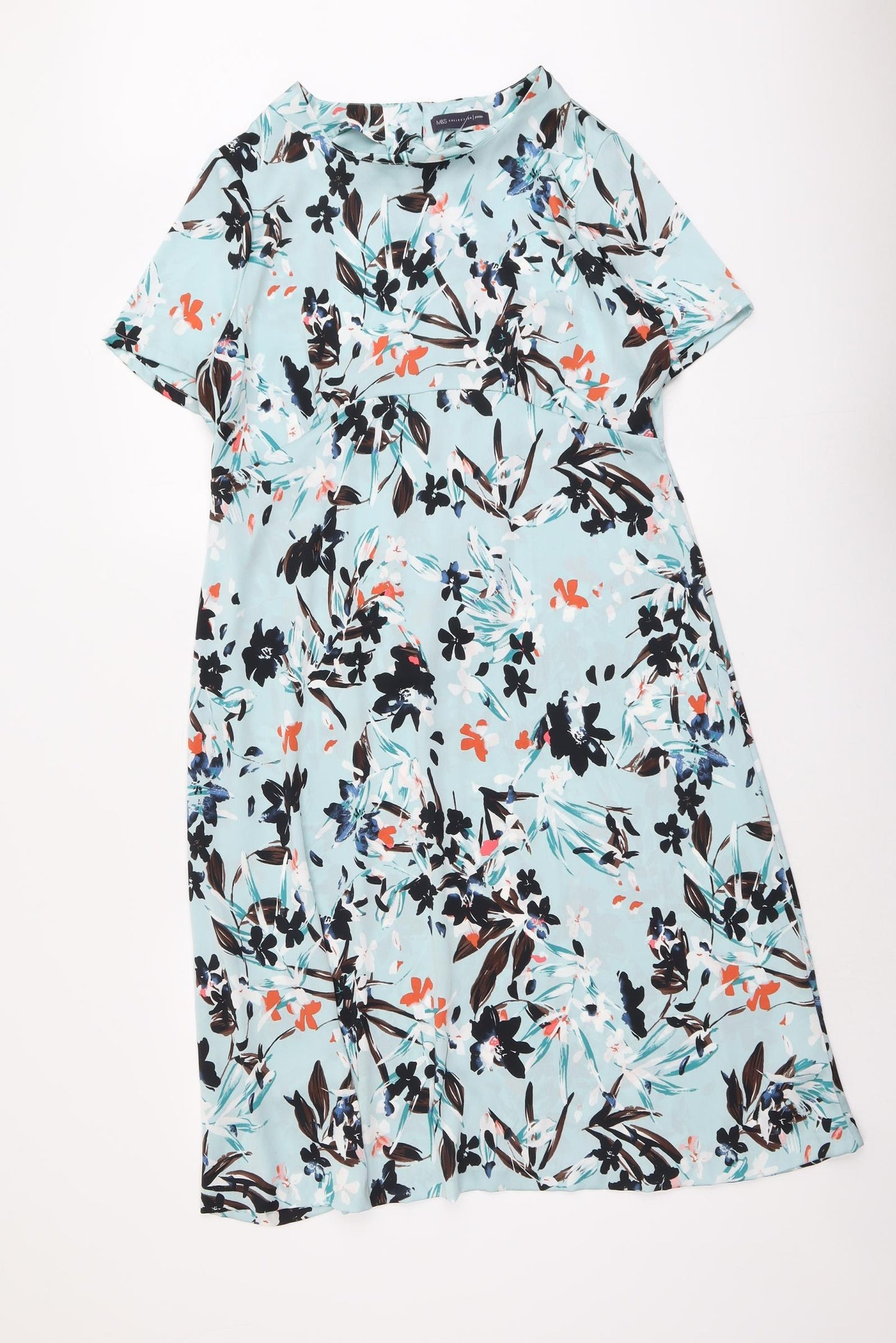 Marks and Spencer Womens Blue Floral Polyester Trapeze & Swing Size 16 Round Neck Zip