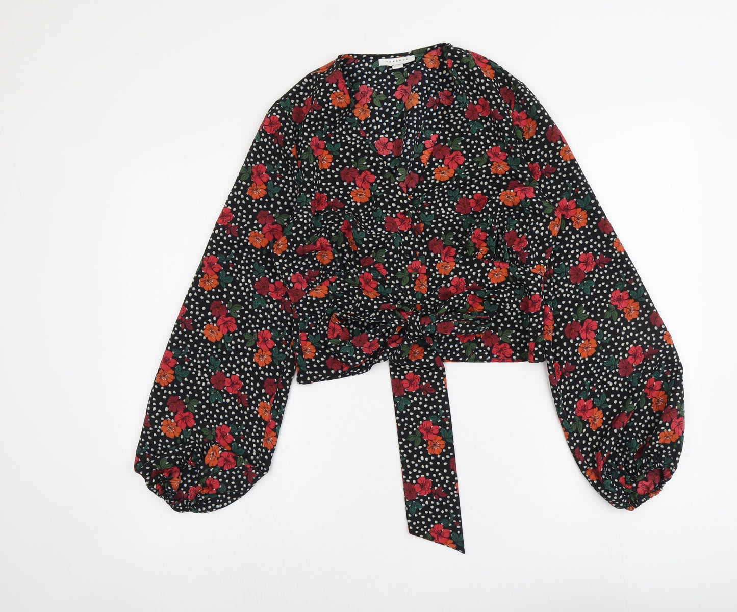 Topshop Womens Black Floral Polyester Basic Blouse Size 10 V-Neck - Knot Front