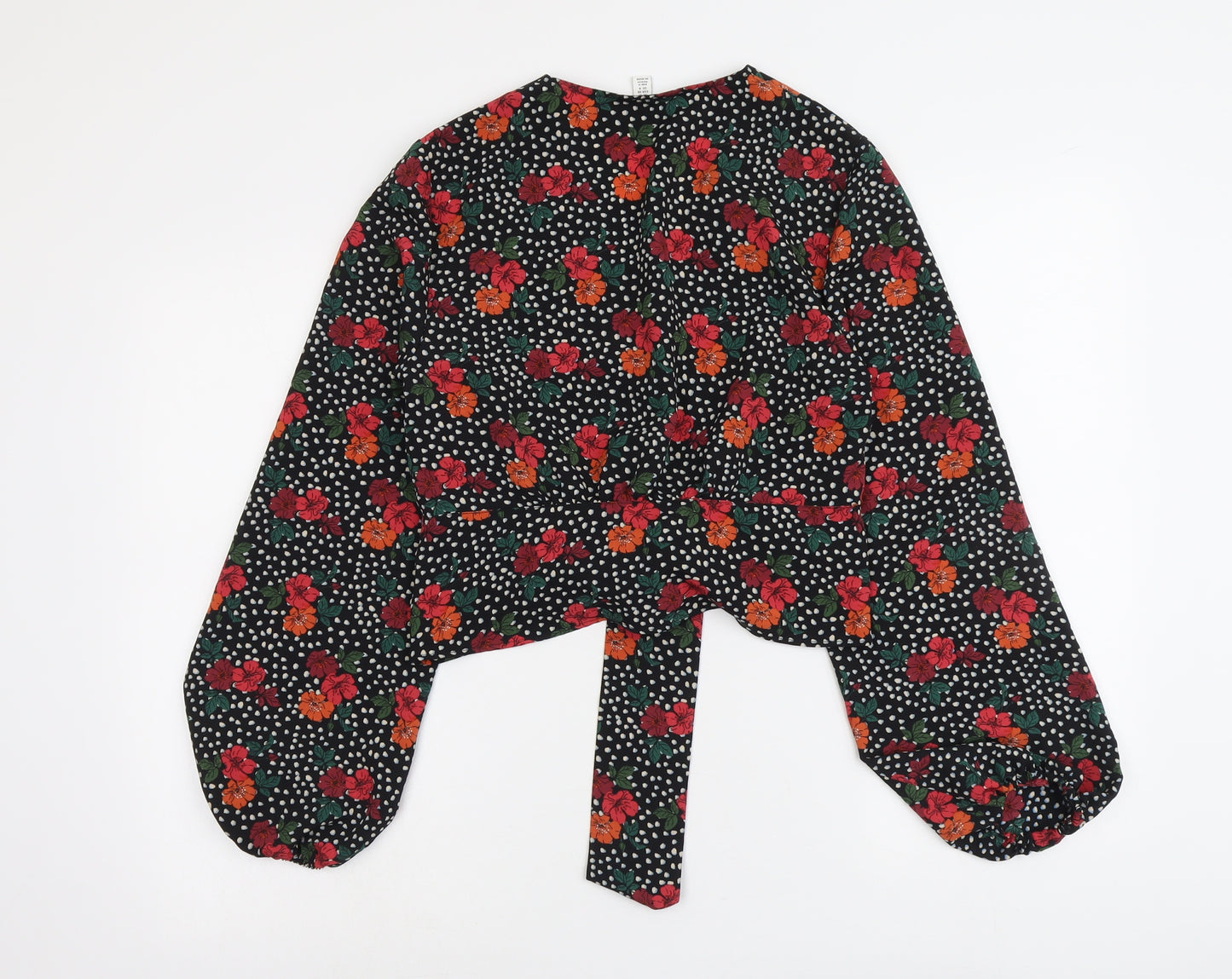 Topshop Womens Black Floral Polyester Basic Blouse Size 10 V-Neck - Knot Front