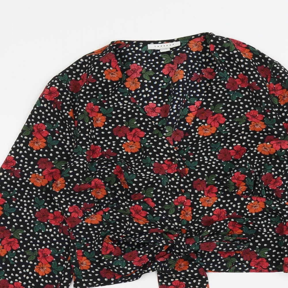 Topshop Womens Black Floral Polyester Basic Blouse Size 10 V-Neck - Knot Front