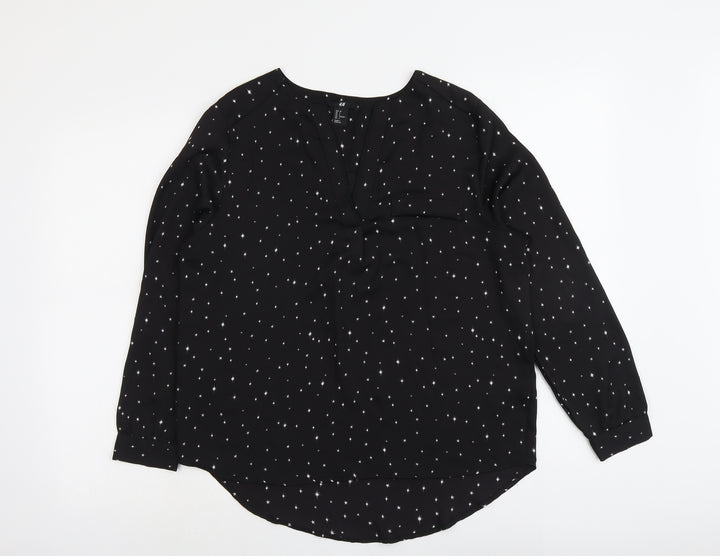 H&M Womens Black Geometric Polyester Basic Blouse Size 8 V-Neck - Star Pattern