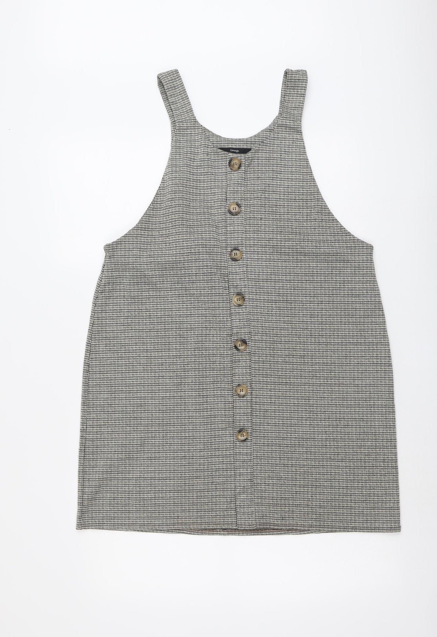 George Womens Beige Houndstooth Polyester Pinafore/Dungaree Dress Size 14 Round Neck Button