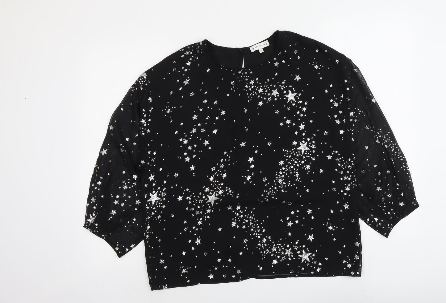 Warehouse Womens Black Geometric Polyester Basic Blouse Size 10 Round Neck - Star Pattern
