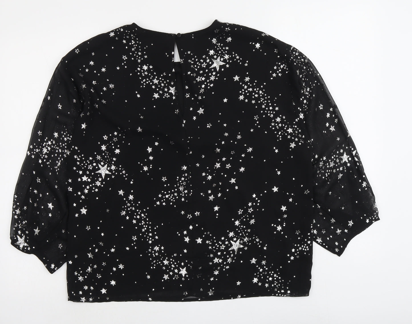 Warehouse Womens Black Geometric Polyester Basic Blouse Size 10 Round Neck - Star Pattern