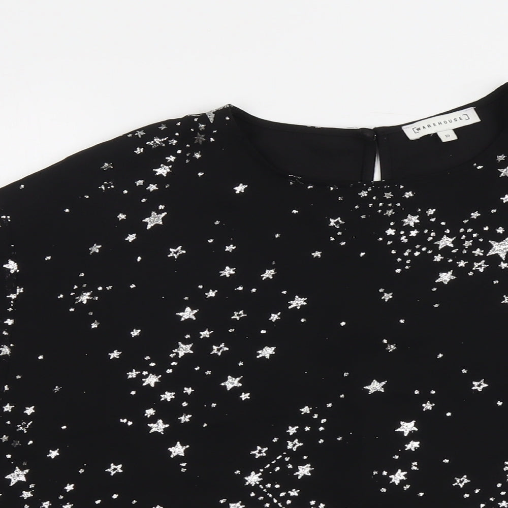 Warehouse Womens Black Geometric Polyester Basic Blouse Size 10 Round Neck - Star Pattern