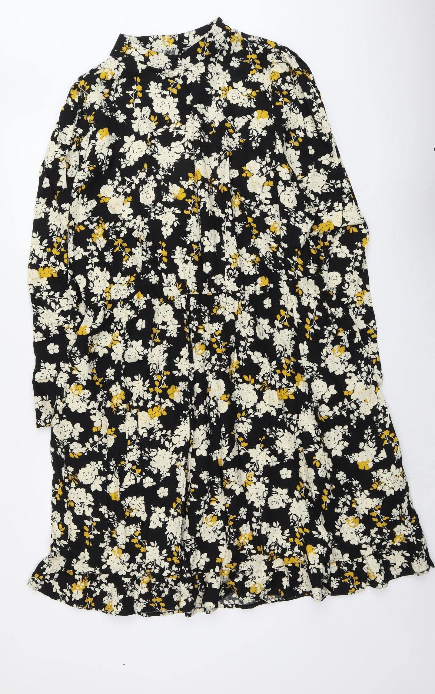NEXT Womens Black Floral Viscose Trapeze & Swing Size 16 Round Neck Button