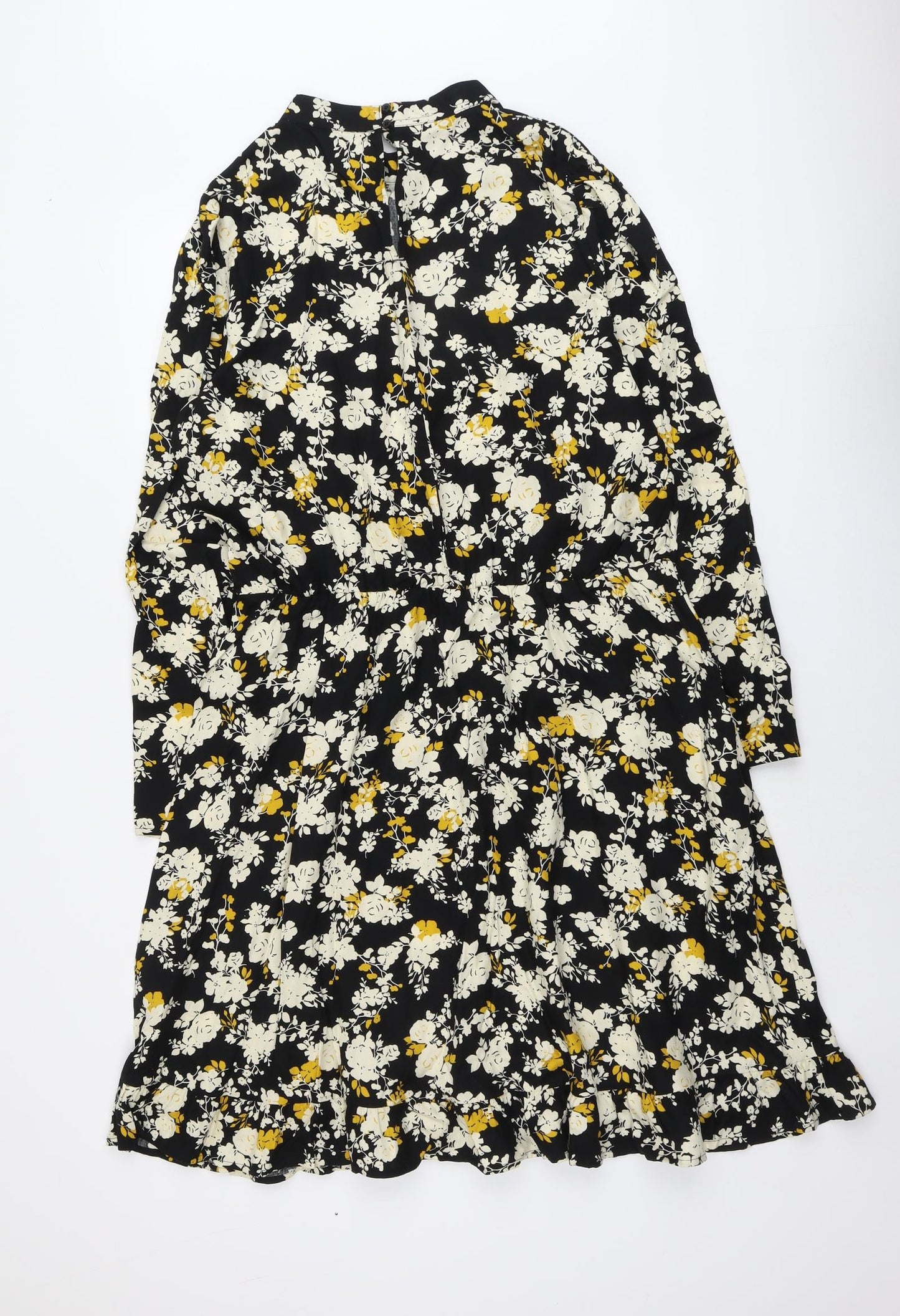 NEXT Womens Black Floral Viscose Trapeze & Swing Size 16 Round Neck Button