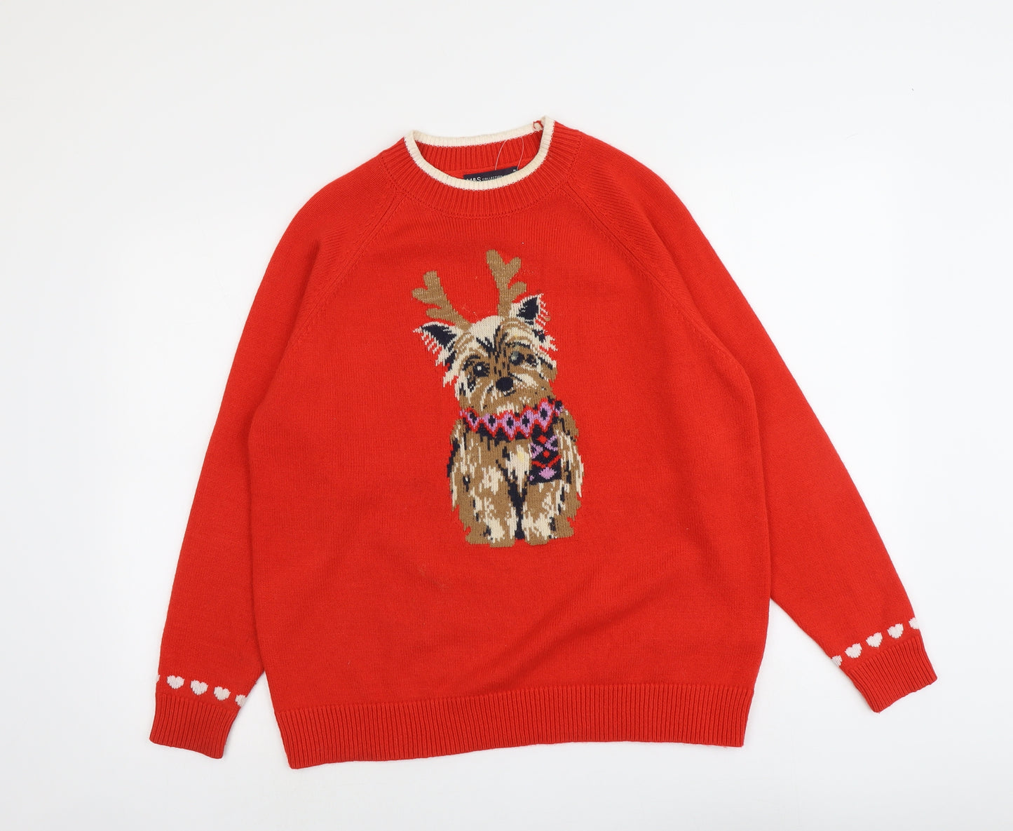 Marks and Spencer Womens Red Round Neck Acrylic Pullover Jumper Size M - Dog Christmas