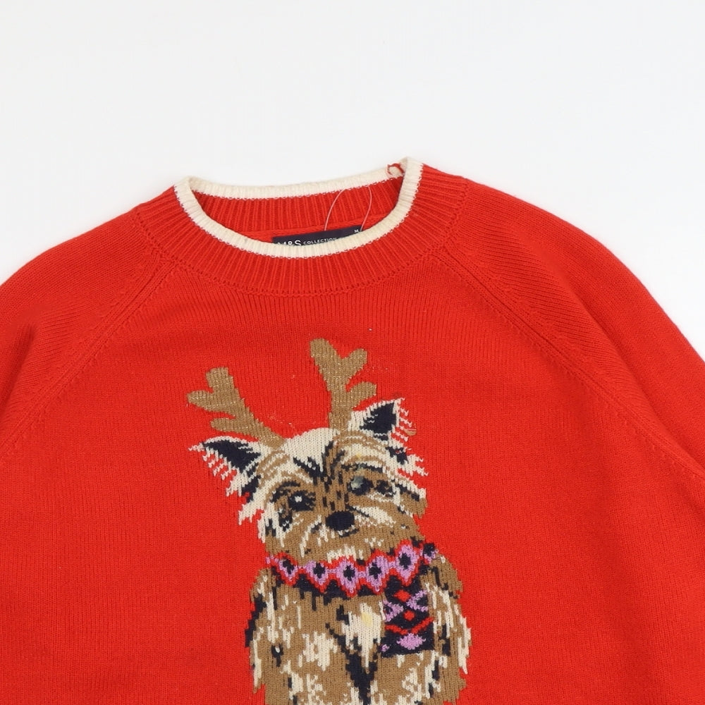 Marks and Spencer Womens Red Round Neck Acrylic Pullover Jumper Size M - Dog Christmas