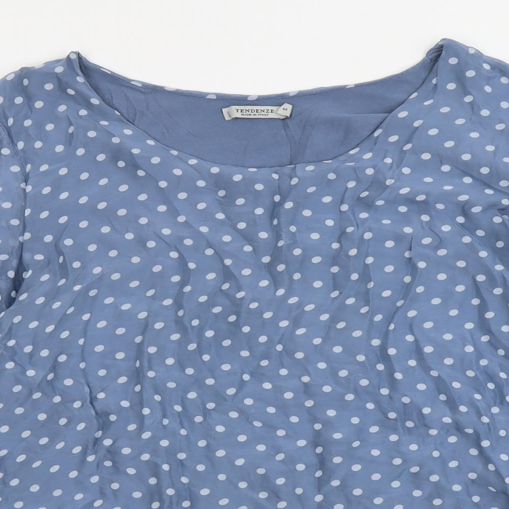 Tendenze Womens Blue Polka Dot Polyester Basic Blouse Size S Round Neck