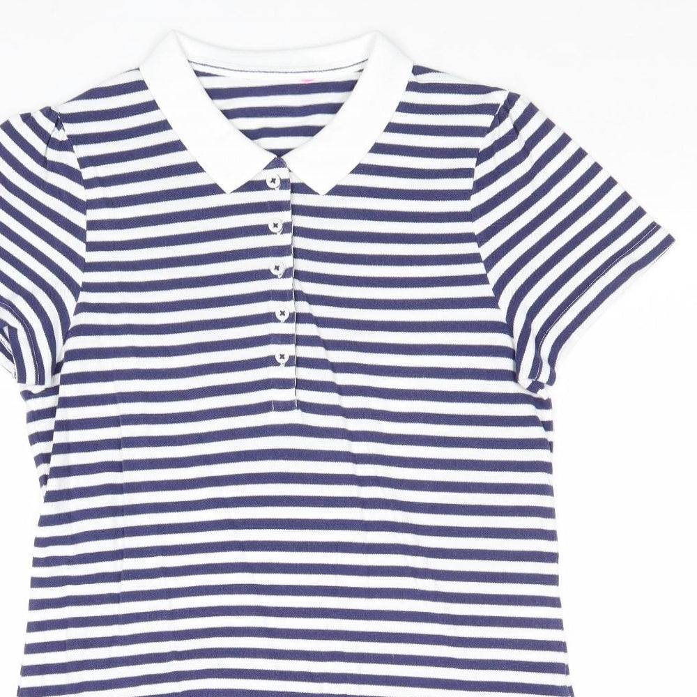 Marks and Spencer Womens Blue Striped 100% Cotton Basic T-Shirt Size 12 Collared