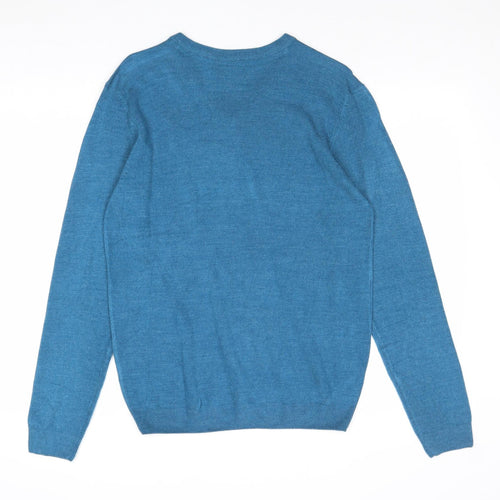 M&Co Mens Blue V-Neck Acrylic Pullover Jumper Size S Long Sleeve
