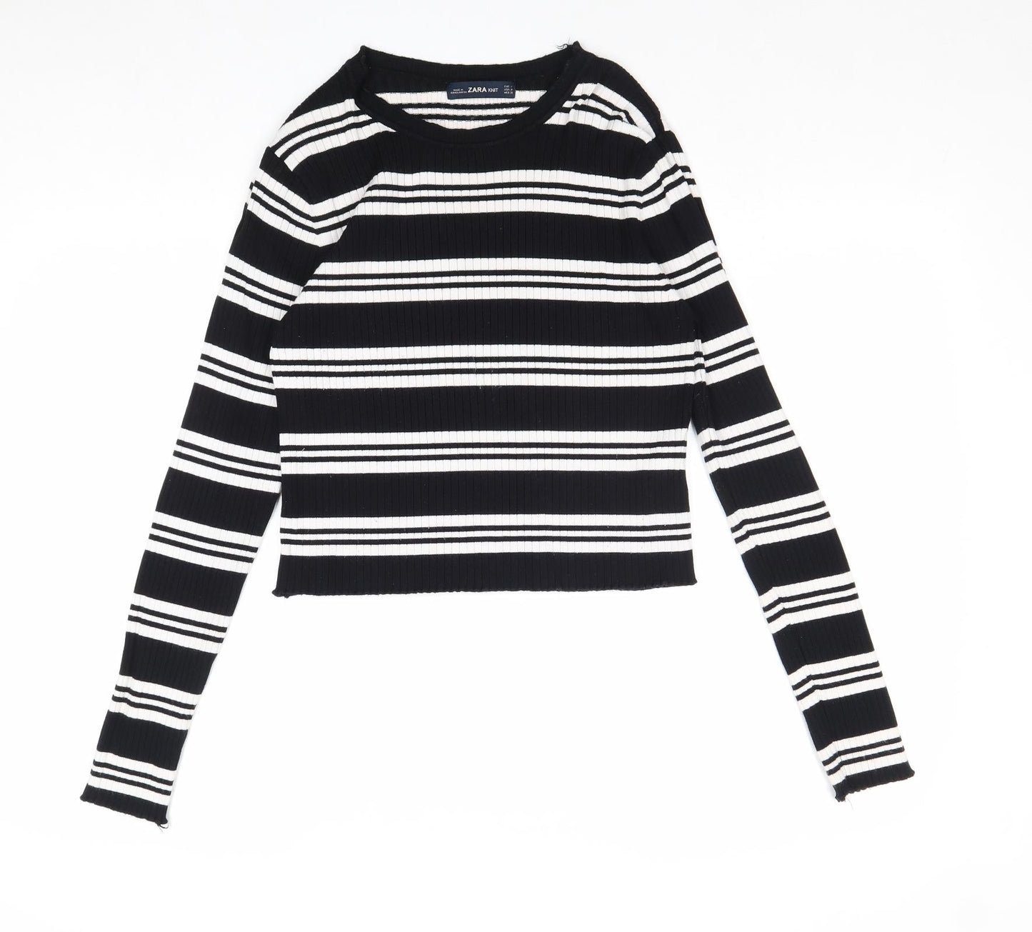Zara Womens Black Round Neck Striped Viscose Pullover Jumper Size M
