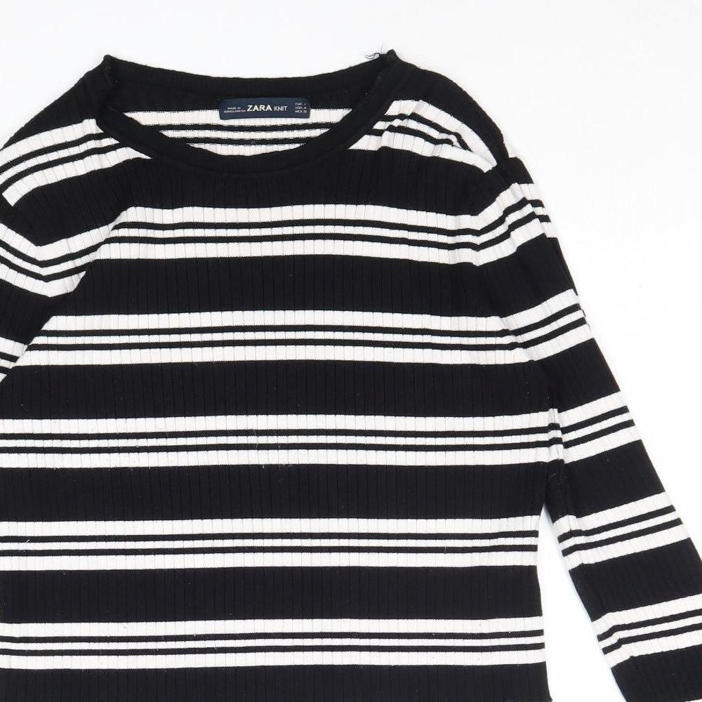 Zara Womens Black Round Neck Striped Viscose Pullover Jumper Size M