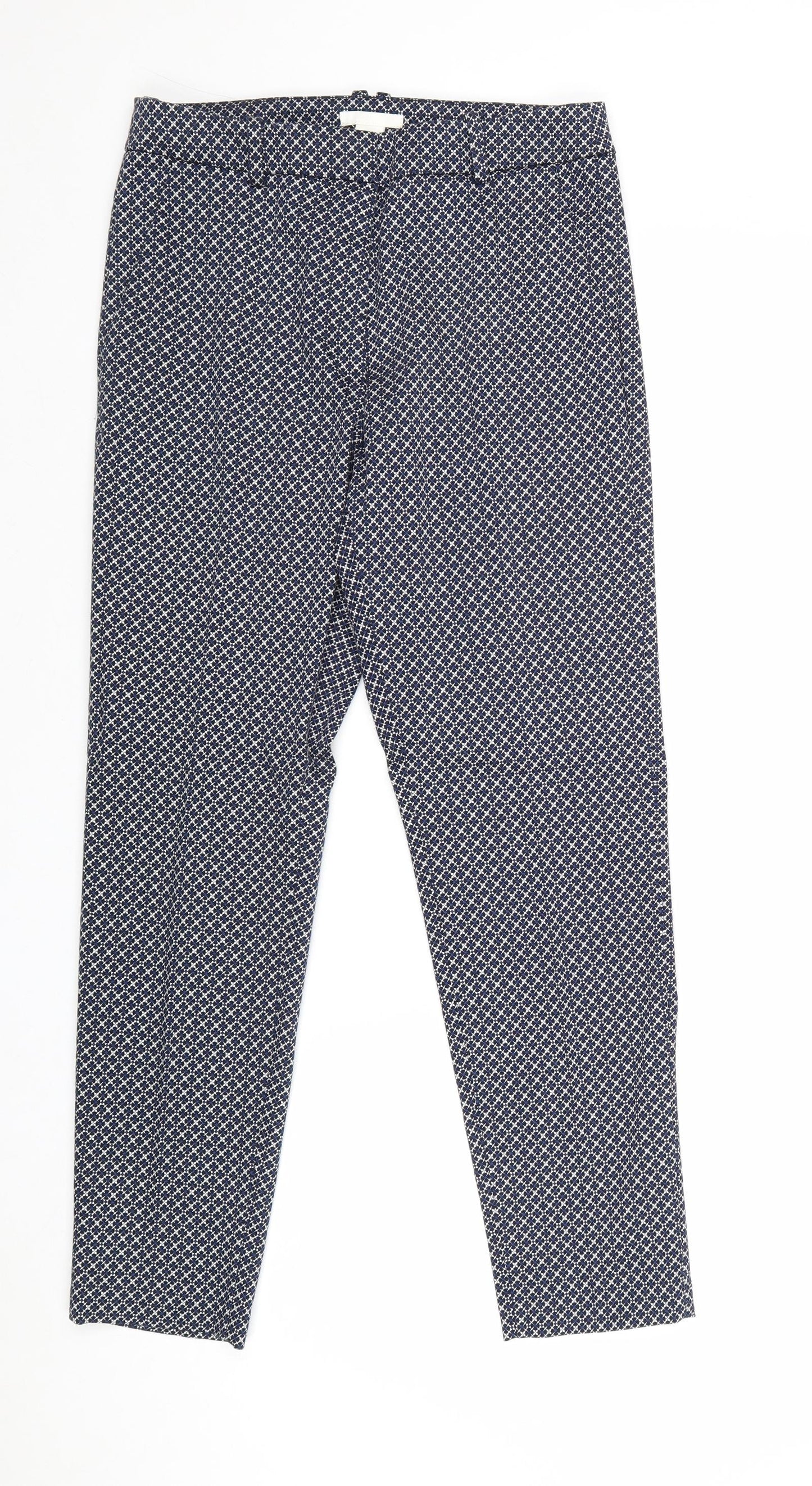 H&M Womens Blue Geometric Cotton Chino Trousers Size 8 Regular Zip