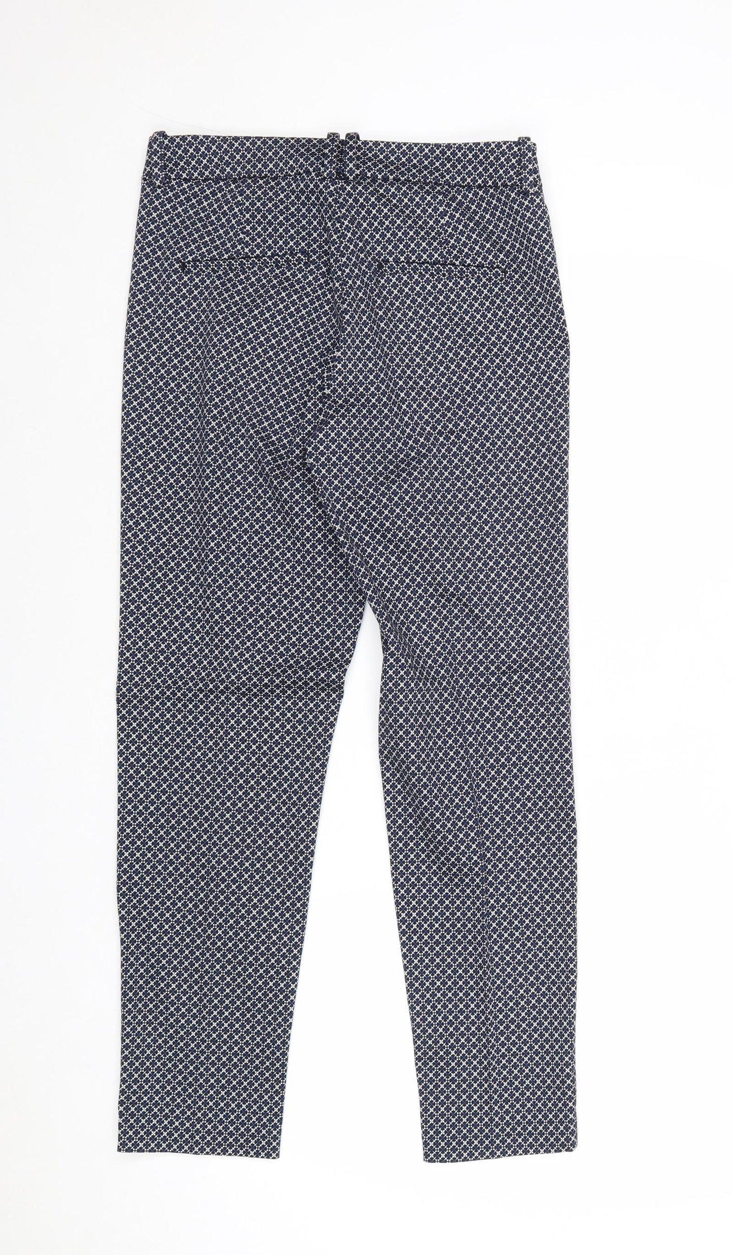 H&M Womens Blue Geometric Cotton Chino Trousers Size 8 Regular Zip