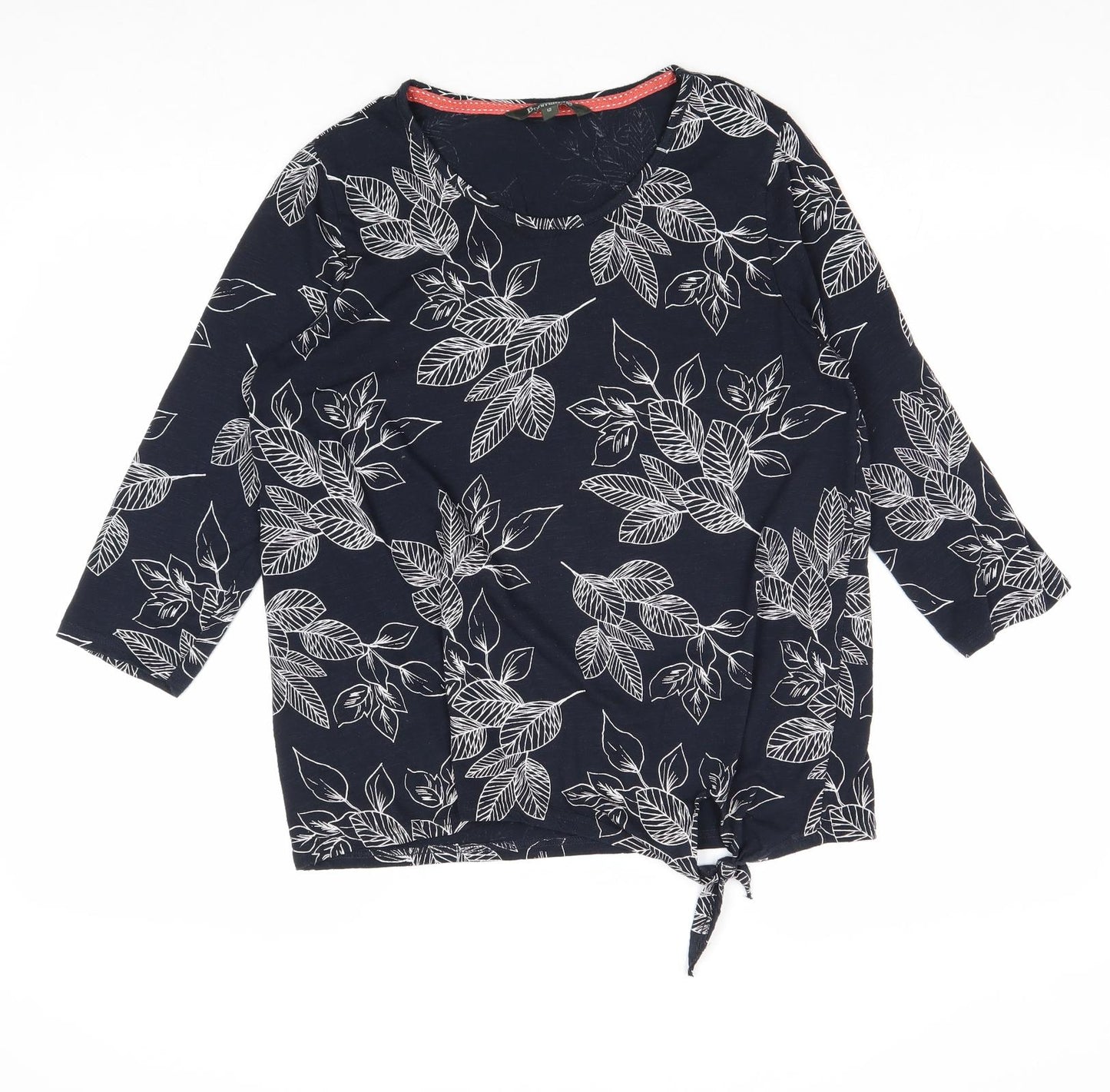 Bonmarché Womens Blue Geometric Polyester Basic T-Shirt Size 12 Round Neck - Knot Front Leaf Print