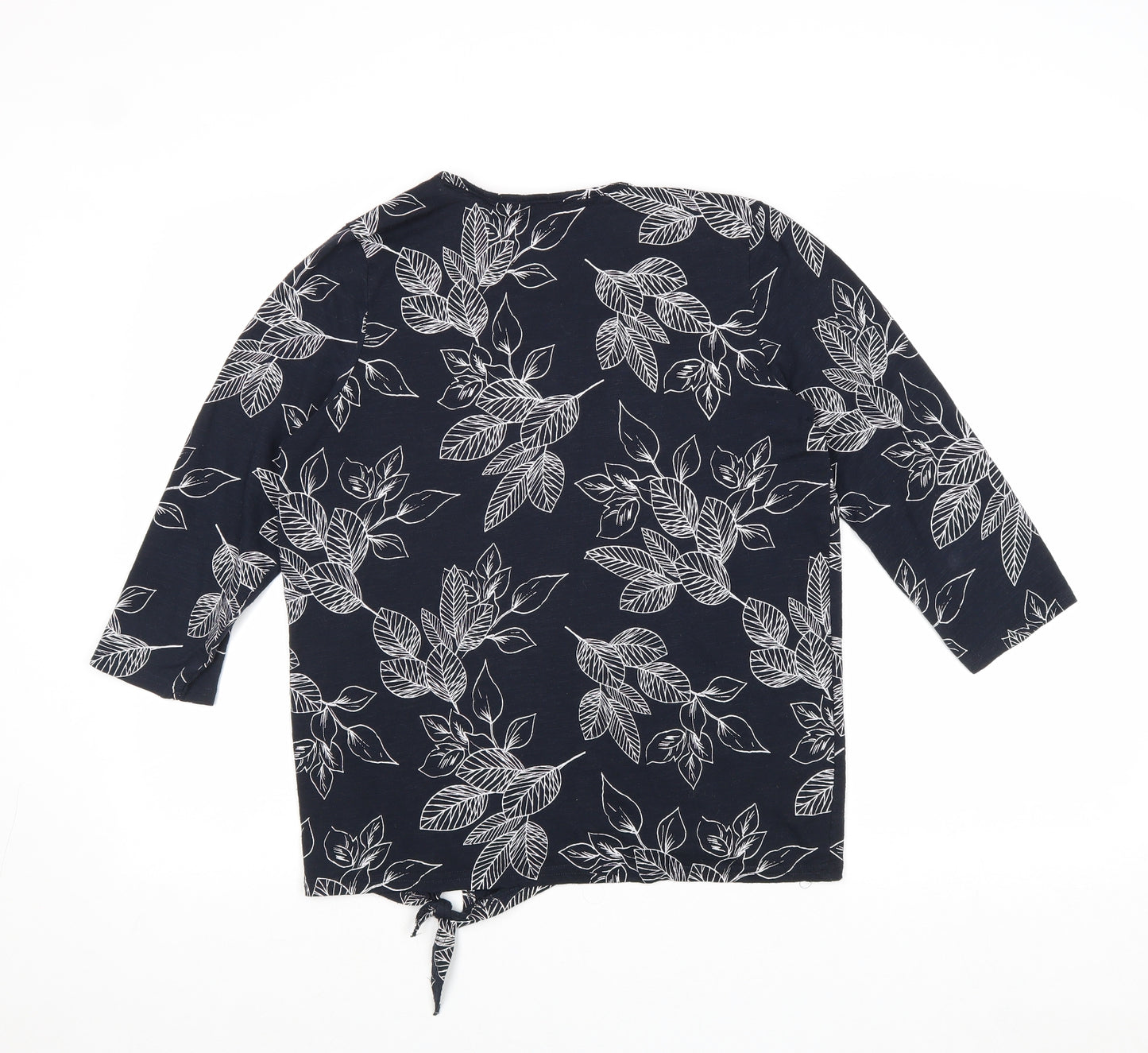 Bonmarché Womens Blue Geometric Polyester Basic T-Shirt Size 12 Round Neck - Knot Front Leaf Print