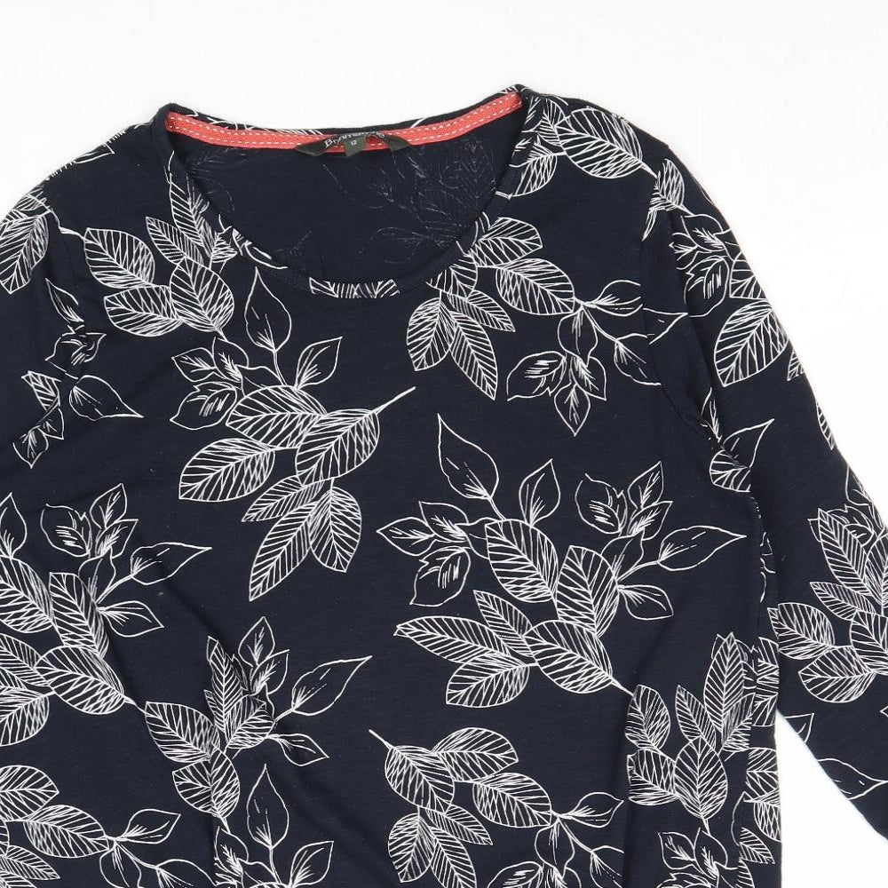 Bonmarché Womens Blue Geometric Polyester Basic T-Shirt Size 12 Round Neck - Knot Front Leaf Print