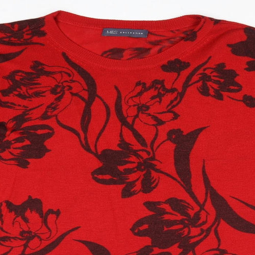 Marks and Spencer Womens Red Round Neck Floral Viscose Pullover Jumper Size M
