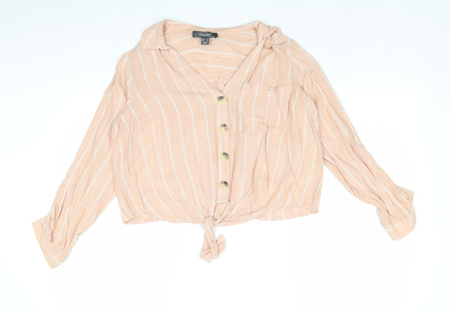 Primark Womens Pink Striped Viscose Basic Button-Up Size 12 Collared - Knot Front