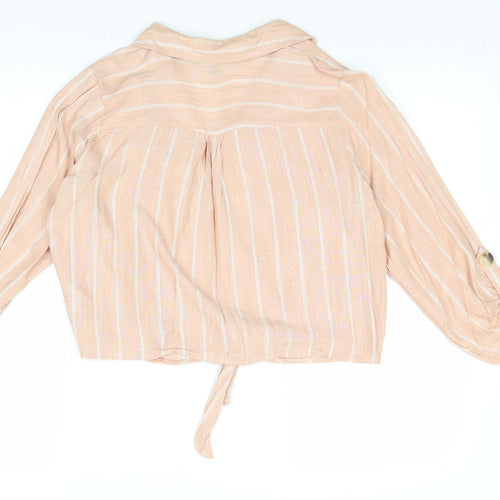 Primark Womens Pink Striped Viscose Basic Button-Up Size 12 Collared - Knot Front