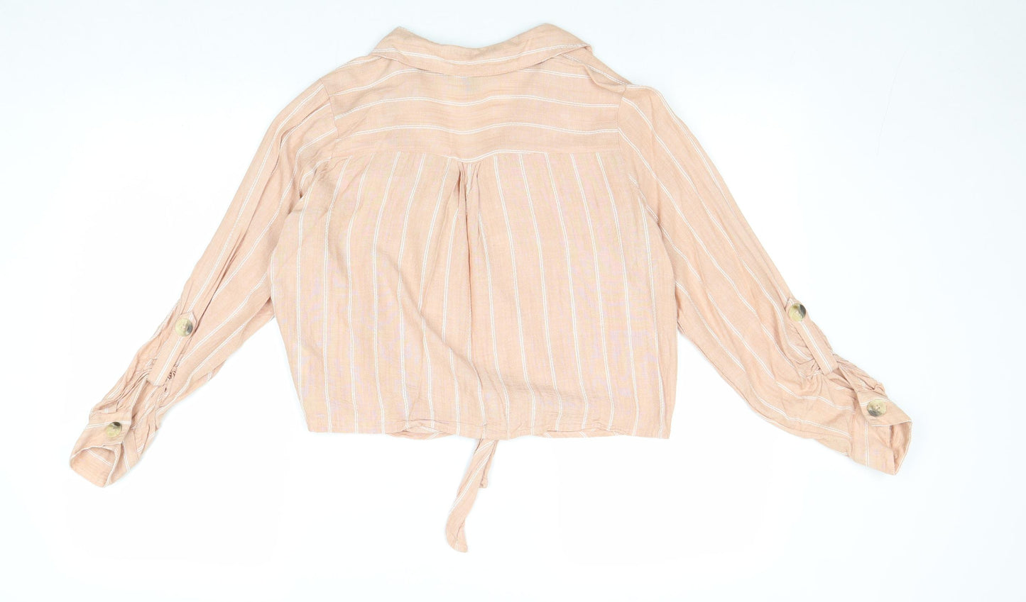 Primark Womens Pink Striped Viscose Basic Button-Up Size 12 Collared - Knot Front