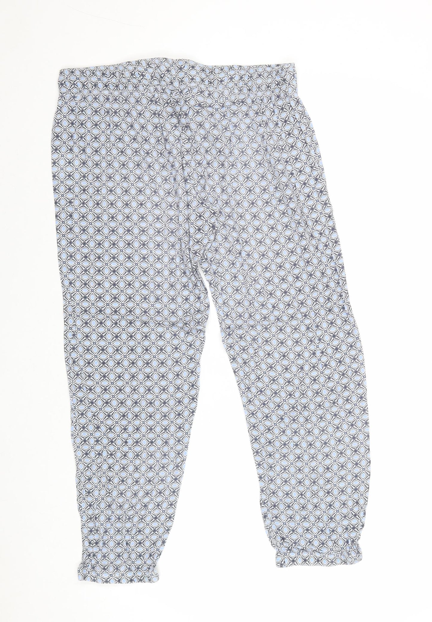 Original Womens Blue Geometric Cotton Trousers Size 14 Regular Drawstring