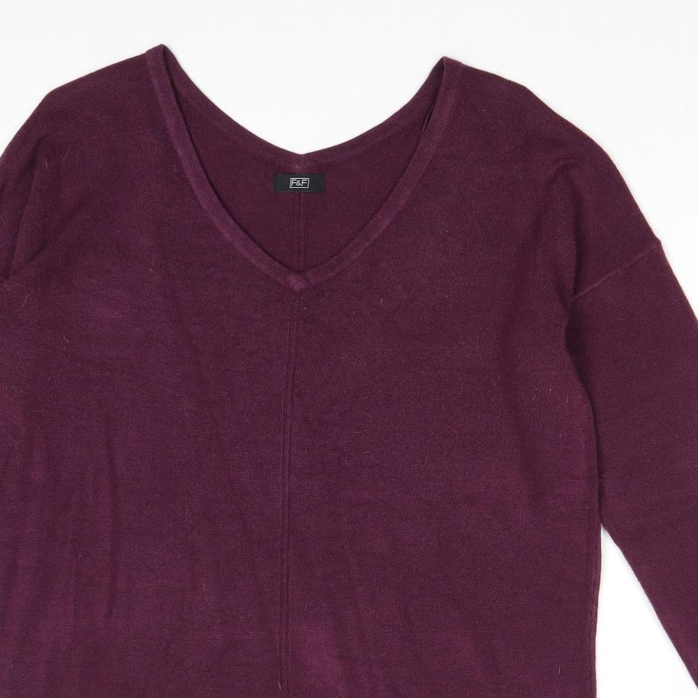 F&F Womens Purple V-Neck Acrylic Pullover Jumper Size 14